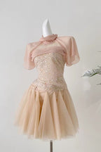 Sheer Mesh Rhinestone High Neck Tulle Mini Dress Flowering Girl