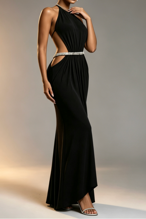 Black High Rhinestone Halter Double Crystal Band Side Waist Cutout Ruched Draped Mermaid Floor Length Formal Dress Flowering Girl