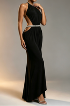 Black High Rhinestone Halter Double Crystal Band Side Waist Cutout Ruched Draped Mermaid Floor Length Formal Dress Flowering Girl