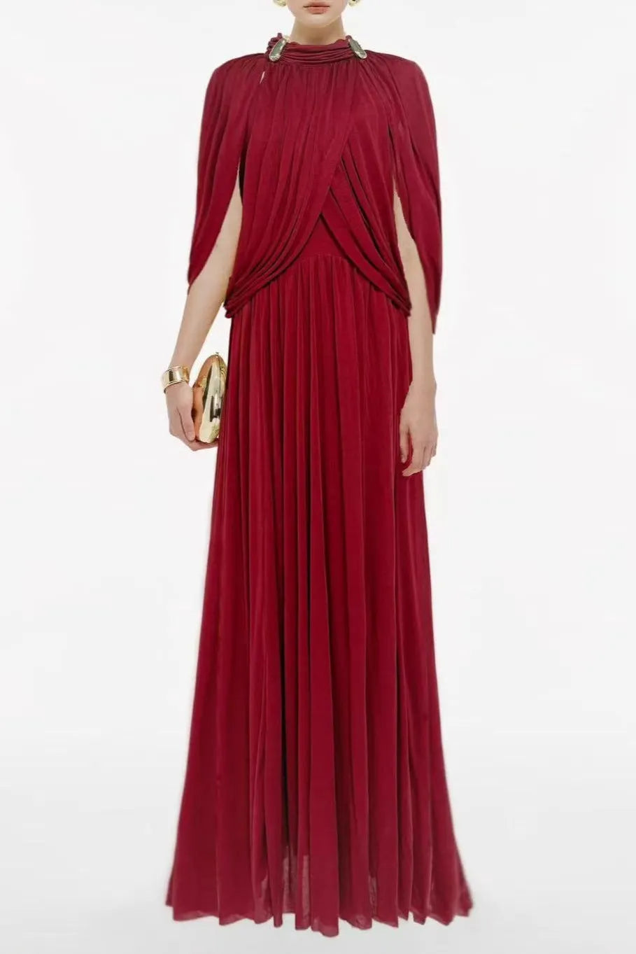Leona Red Draped Cape Sleeve Knit Maxi Dress Flowering Girl