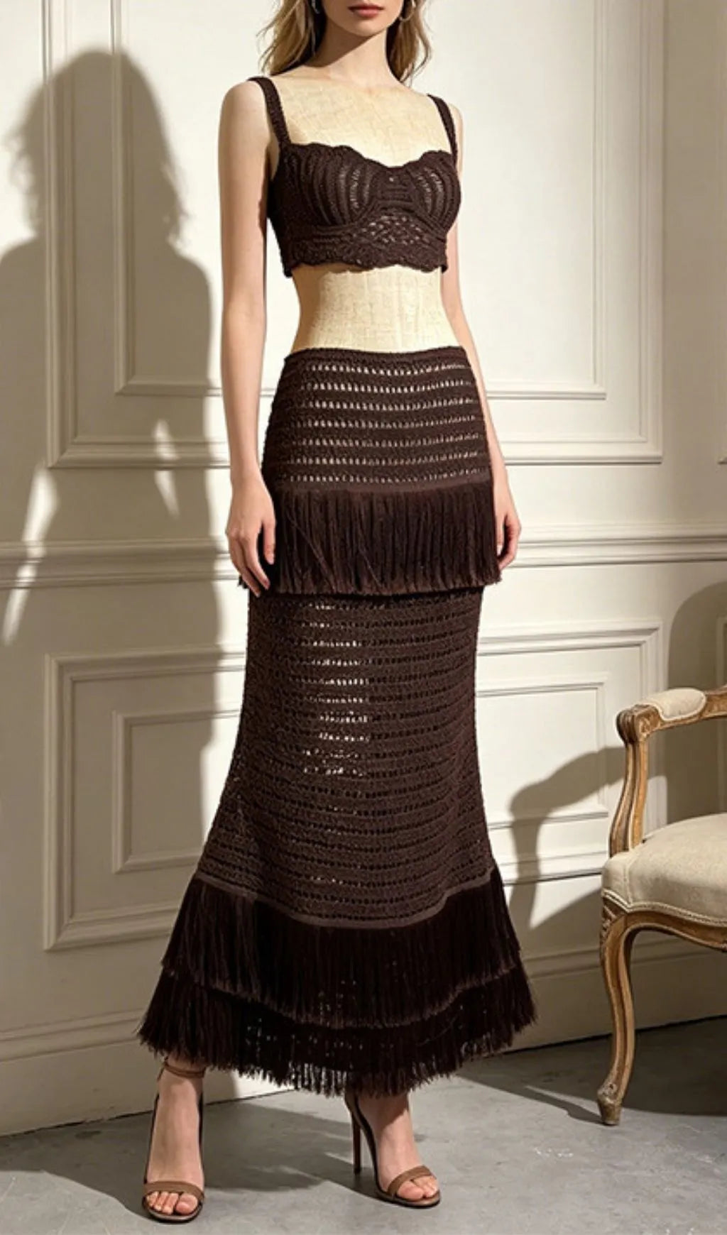 LeYan Coffee Tassel Two-Piece Set Flowering Girl