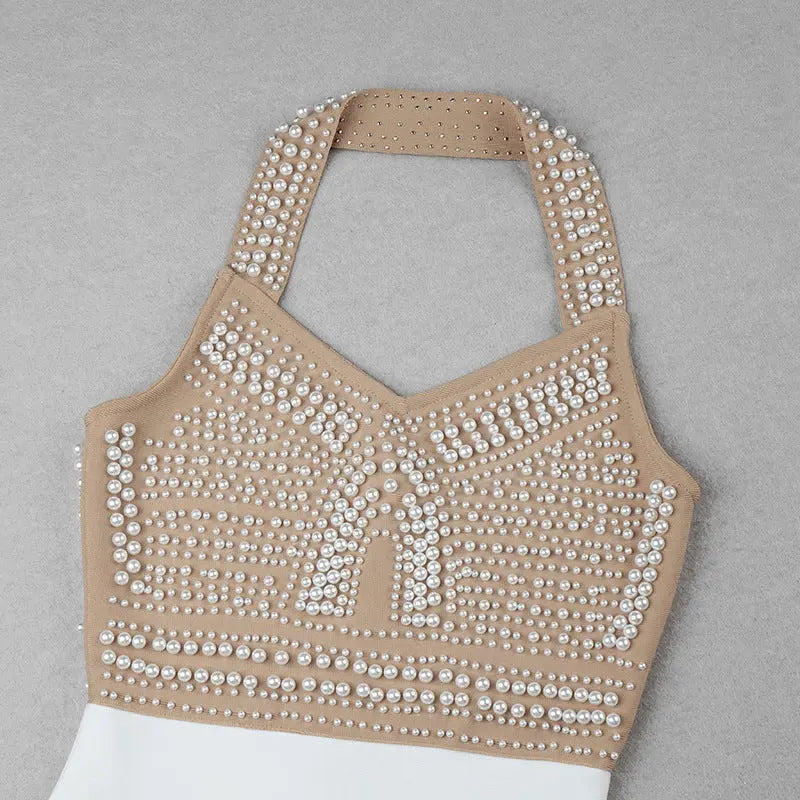 Beige Pearl Halter Bandage Midi Dress Flowering Girl