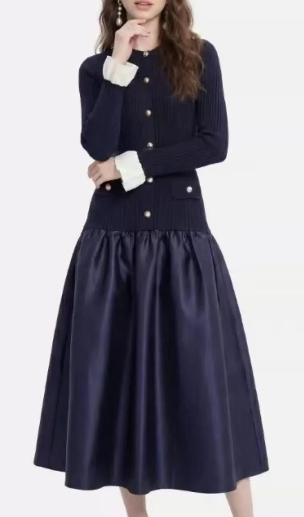 Kawena Navy Knit Long Sleeve Midi Dress Flowering Girl