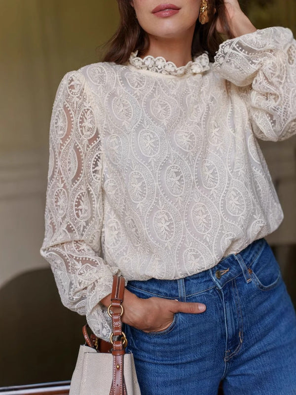 Hollow Lace Long-Sleeved Top Shirt Flowering Girl