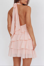 Rebecca Halterneck Ruffle Mini Dress In Pink Flowering Girl