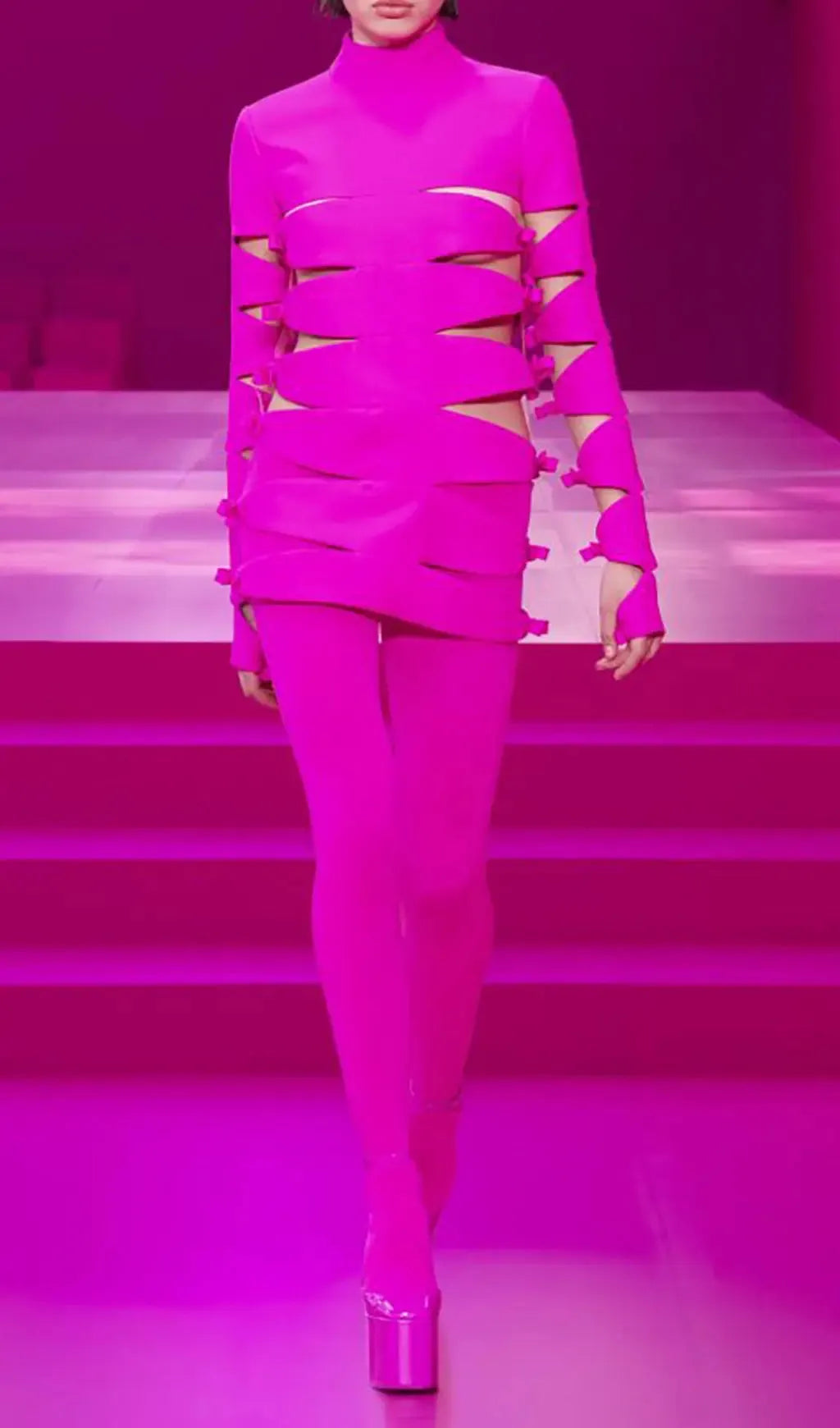 Long Sleeve Hollow Out Mini Bandage Dress In Pink Flowering Girl