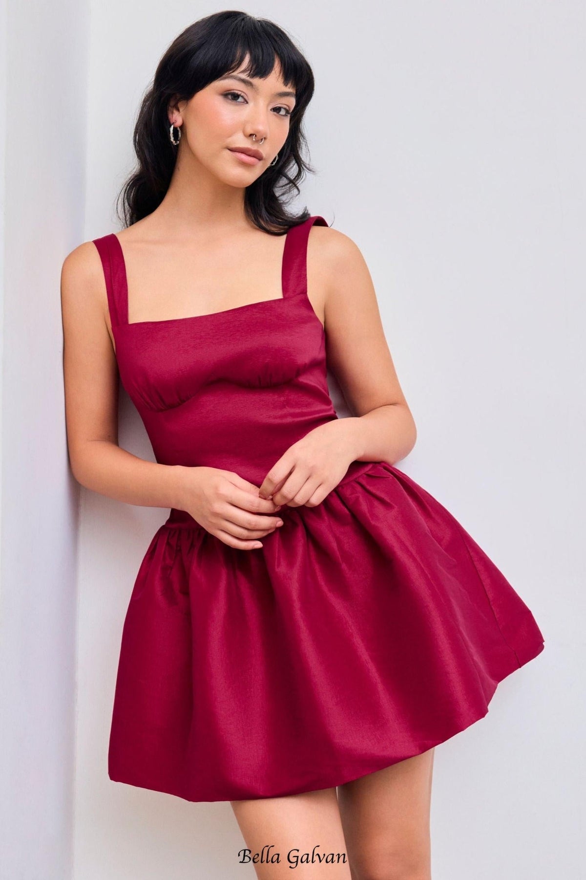 Square Neck Bowknot Zipper Mini Dress in red Flowering Girl
