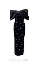 draped bardot crystal detail maxi dress in black Flowering Girl