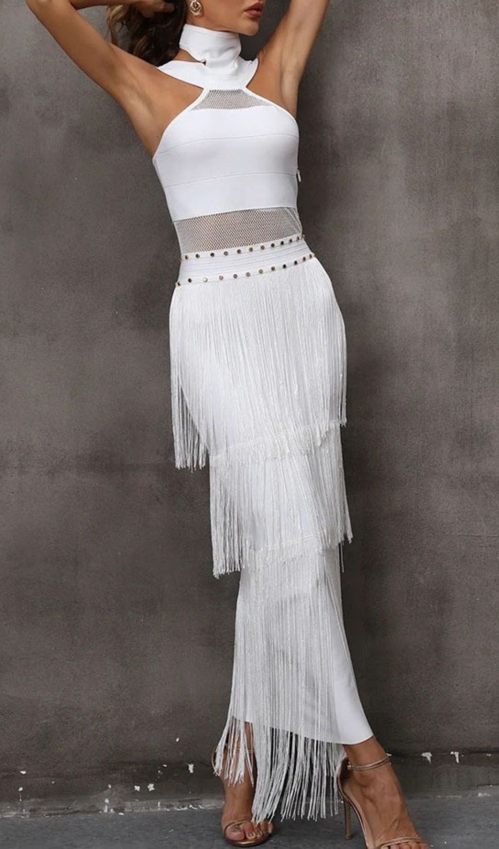 Fermin White Halterneck Bandage Fringe Midi Dress Flowering Girl