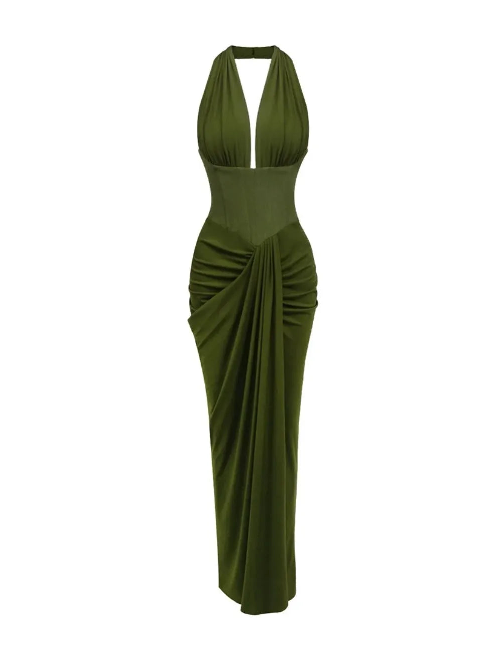 Halter Draped Corset Maxi Dress Green Flowering Girl