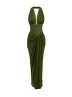 Halter Draped Corset Maxi Dress Green Flowering Girl