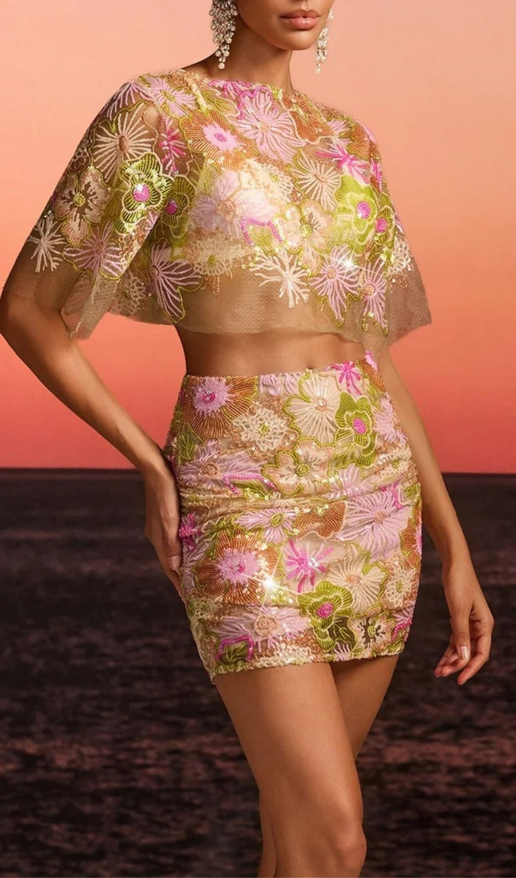 Fariba Shorts Sleeve Embroidered Skirt Set Flowering Girl