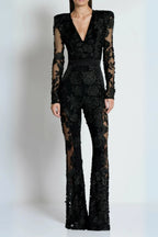 Diamond Three-Dimensional Flower Jumpsuit In Black Flowering Girl