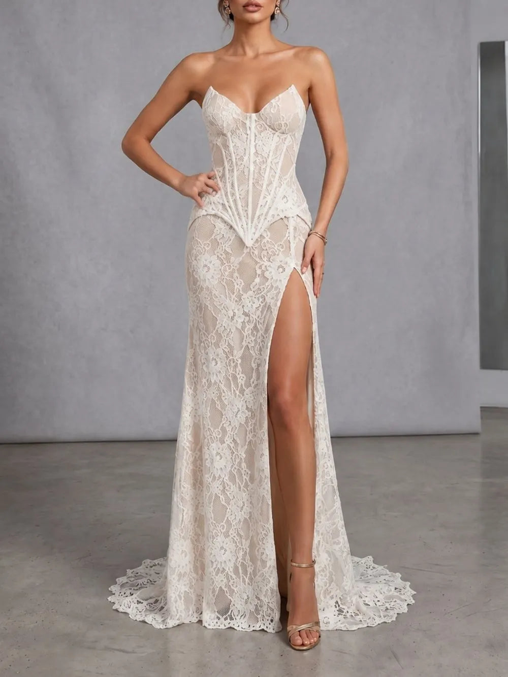 Strapless Lace Corset Two Piece Maxi Dress White Flowering Girl