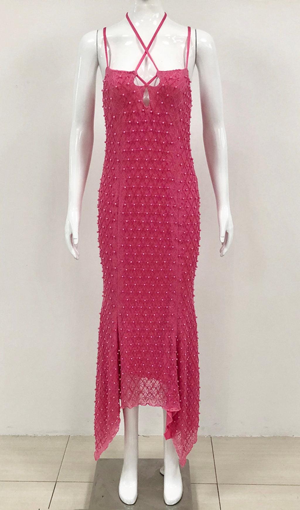 Bakwina Pink Pearl Sequin Lace Up Maxi Dress Flowering Girl