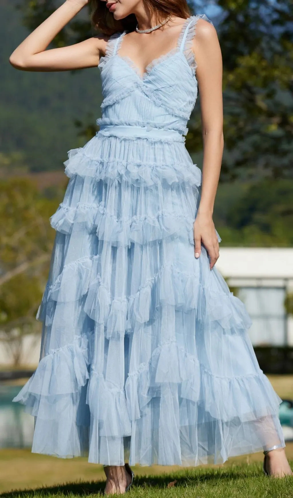 Blue Ruffle V Neck Sleeveless Tiered Tulle Maxi Dress Flowering Girl