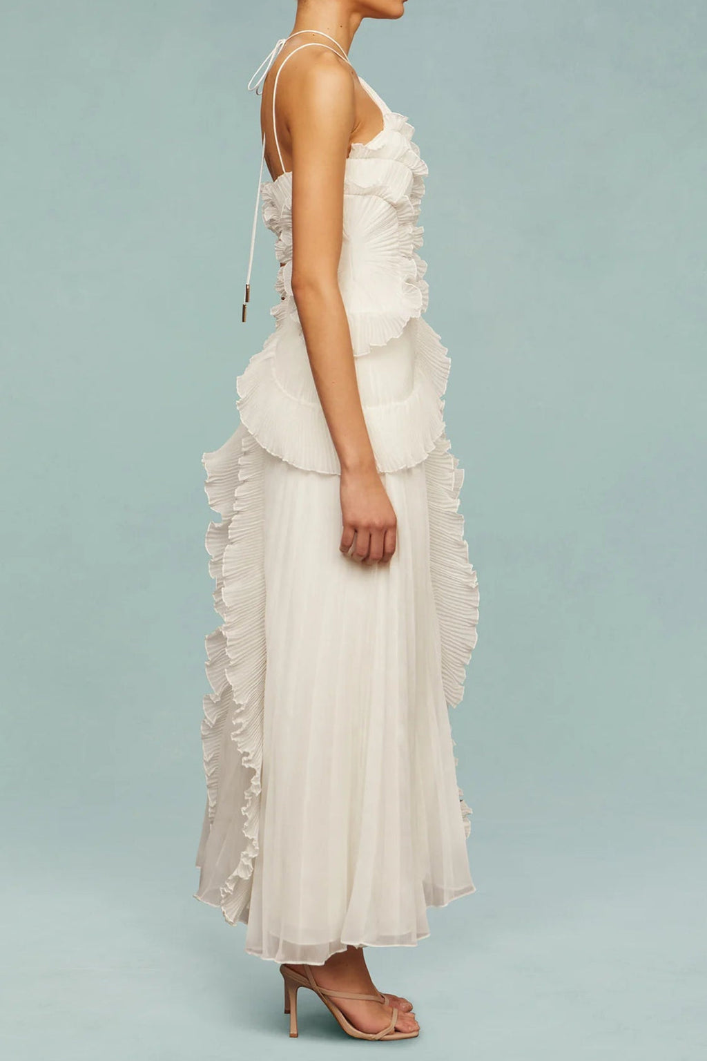 Alva Sleeveless Folds Slit Maxi Dress In Light White Flowering Girl