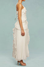 Alva Sleeveless Folds Slit Maxi Dress In Light White Flowering Girl