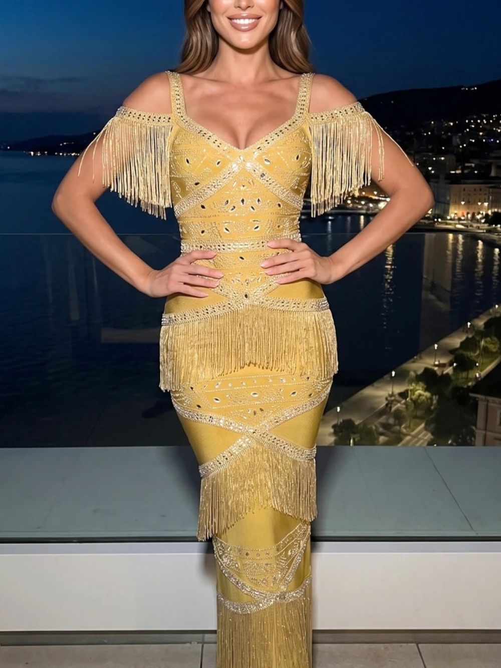 Crystal Tassel Maxi Dress Mustard Flowering Girl