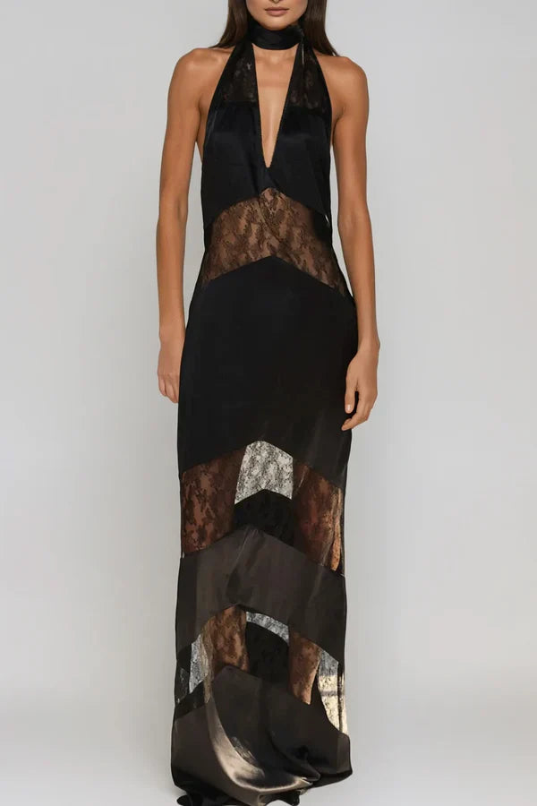 Clora Satin Halter Lace Maxi Dress - Black Flowering Girl