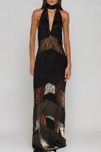 Clora Satin Halter Lace Maxi Dress - Black Flowering Girl