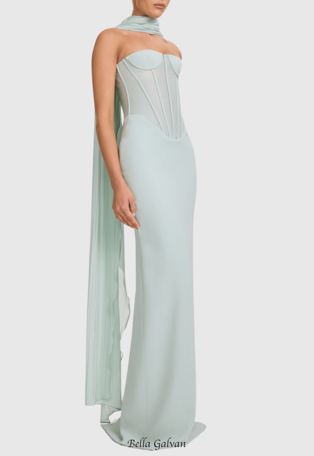 anna Strapless Mesh Scarf Corset Maxi Dress in green Flowering Girl