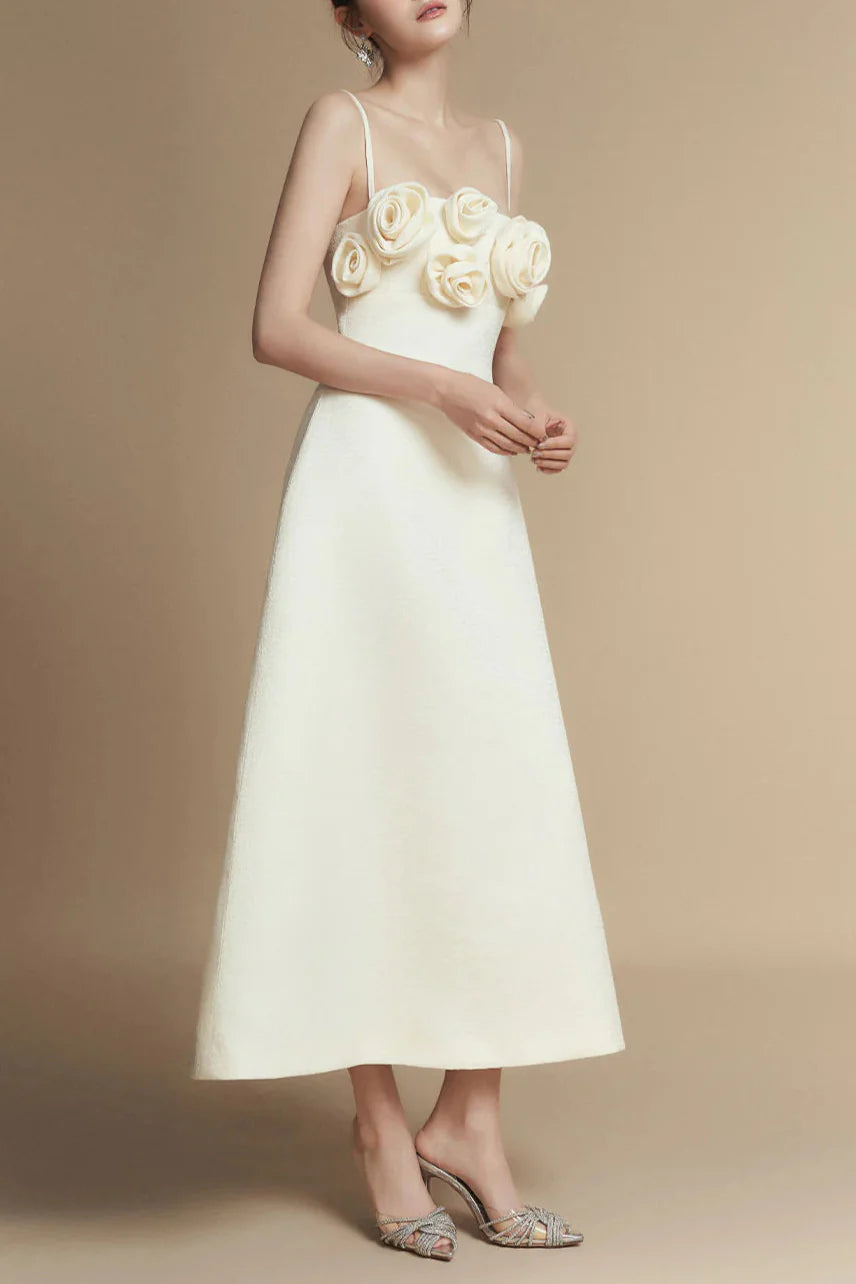 A-Line Flower Applique Linen Rayon Midi Dress Flowering Girl