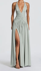 Kelley Celadon Halter Ruched Maxi Dress Flowering Girl