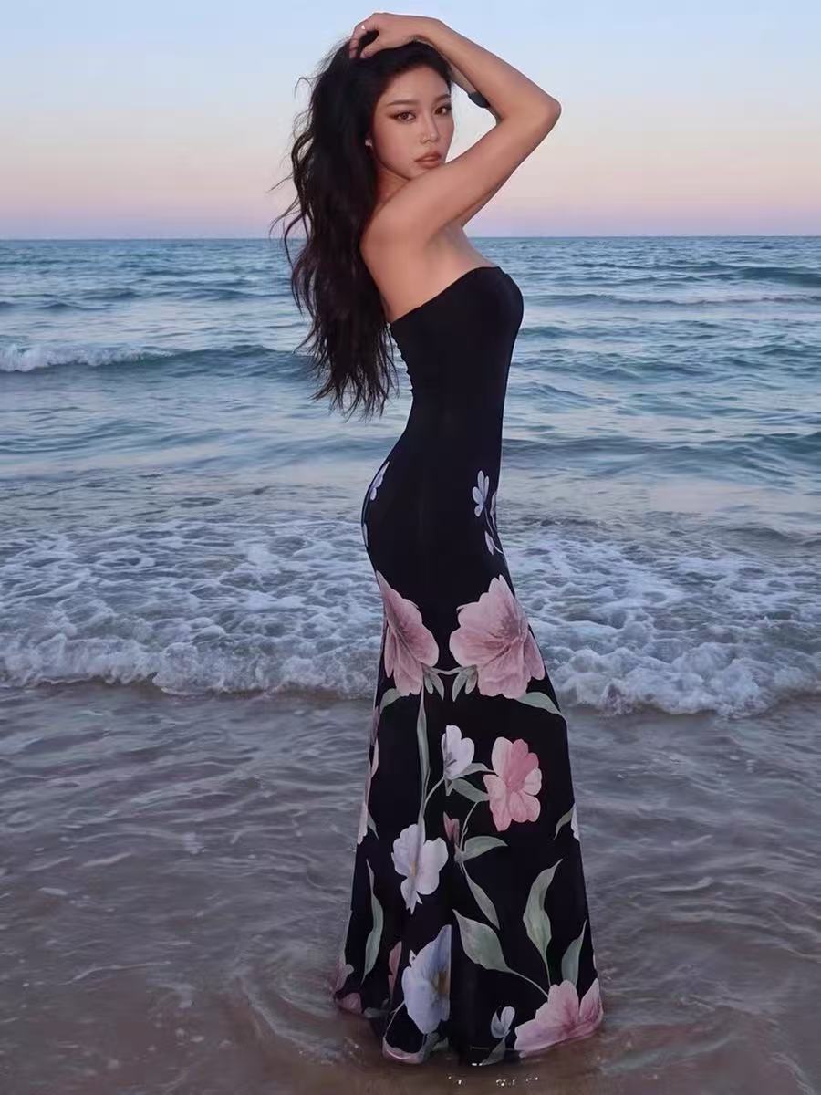 Black Floral Print Strapless Mermaid Maxi Dress Flowering Girl