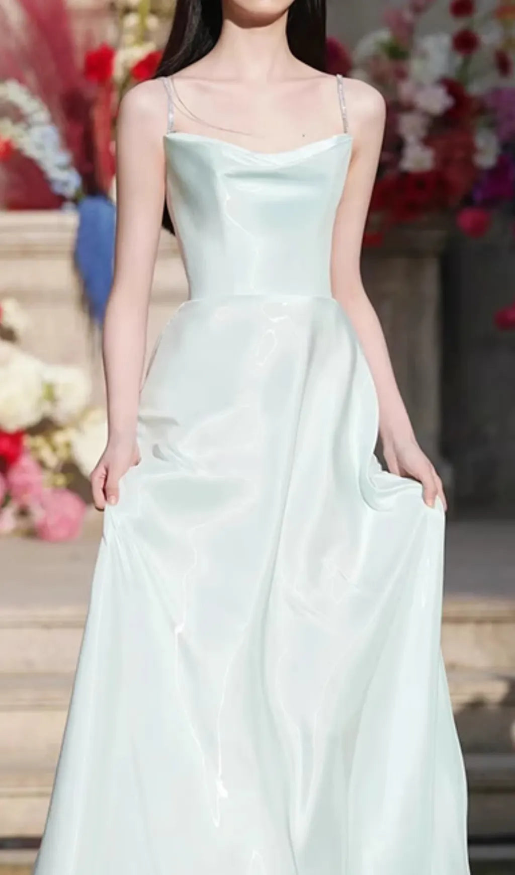 Coleka Aqua Strappy Satin Maxi Dress Flowering Girl