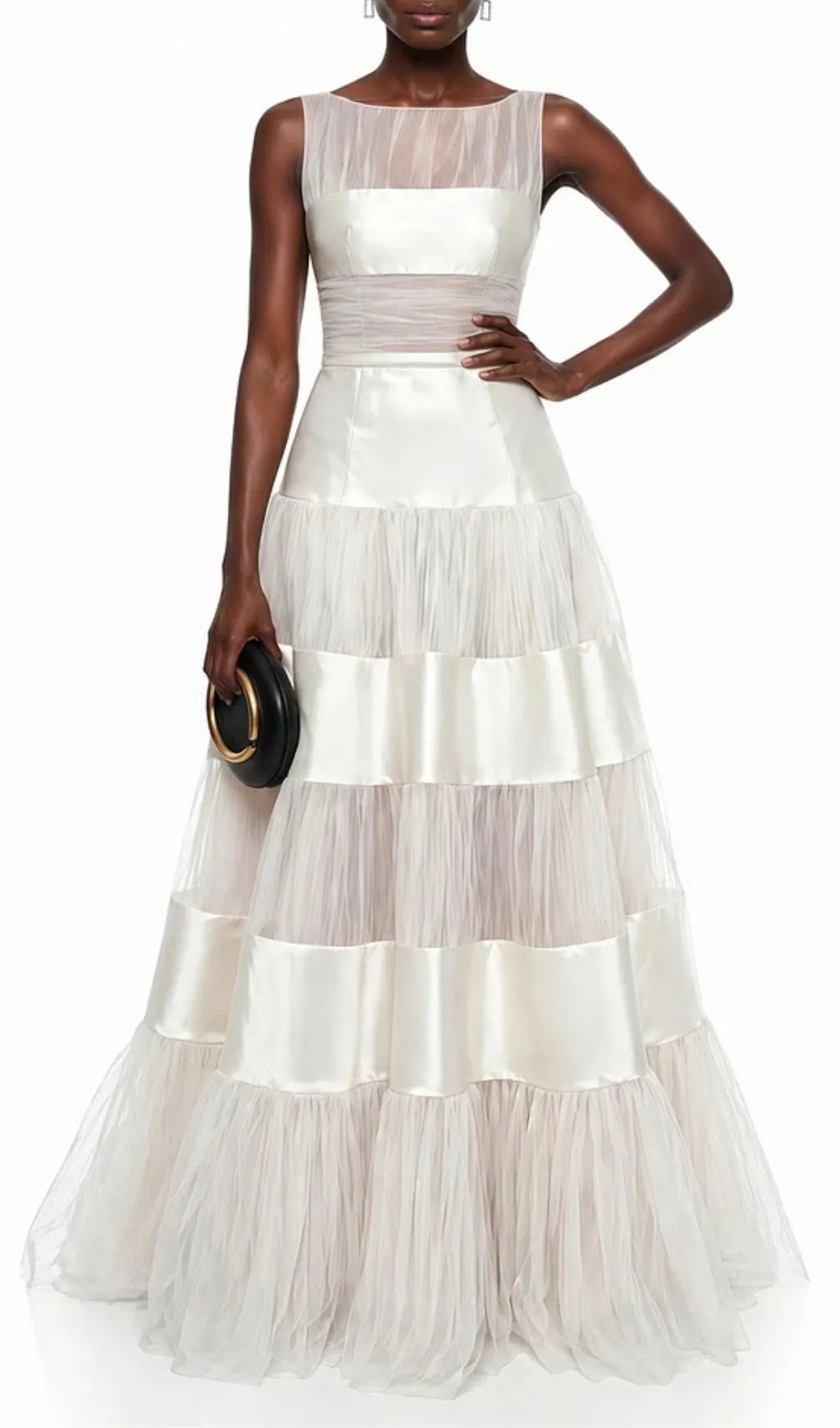 Sabrina White Mesh Panel Maxi Dress With Satin Stripes Flowering Girl