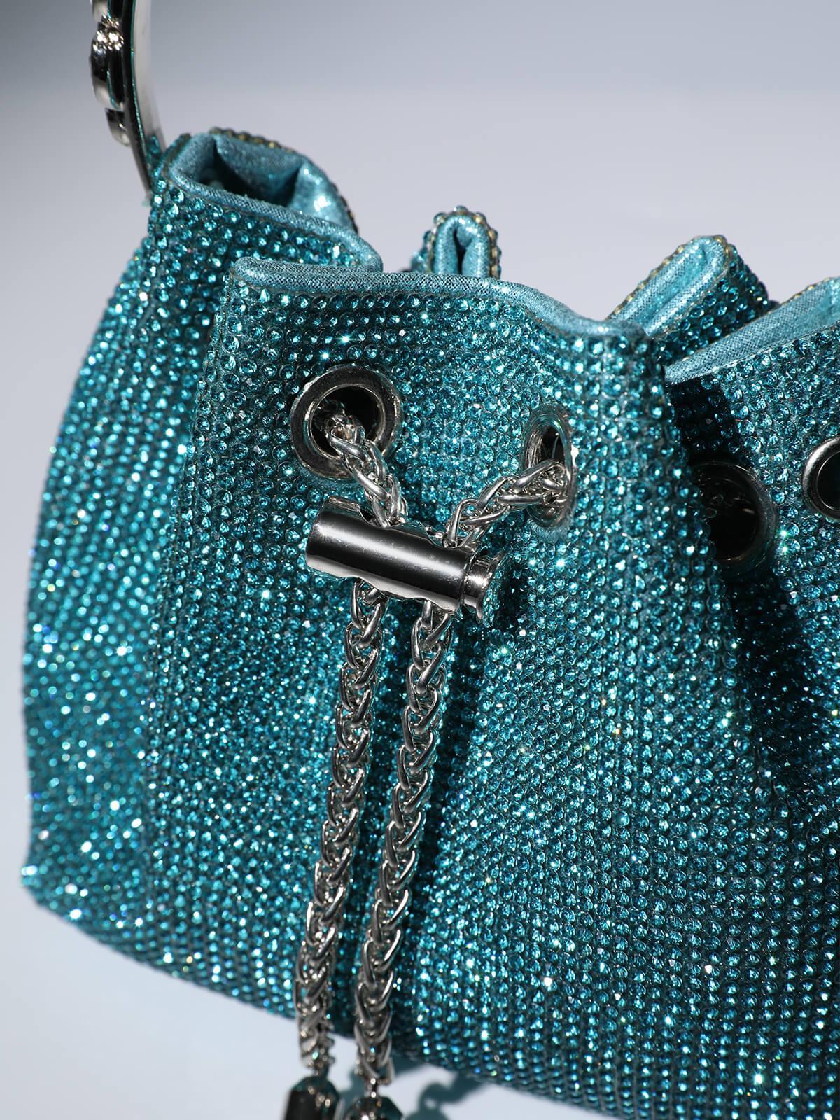 Crystal Embellished Bucket Bag In Blue Flowering Girl