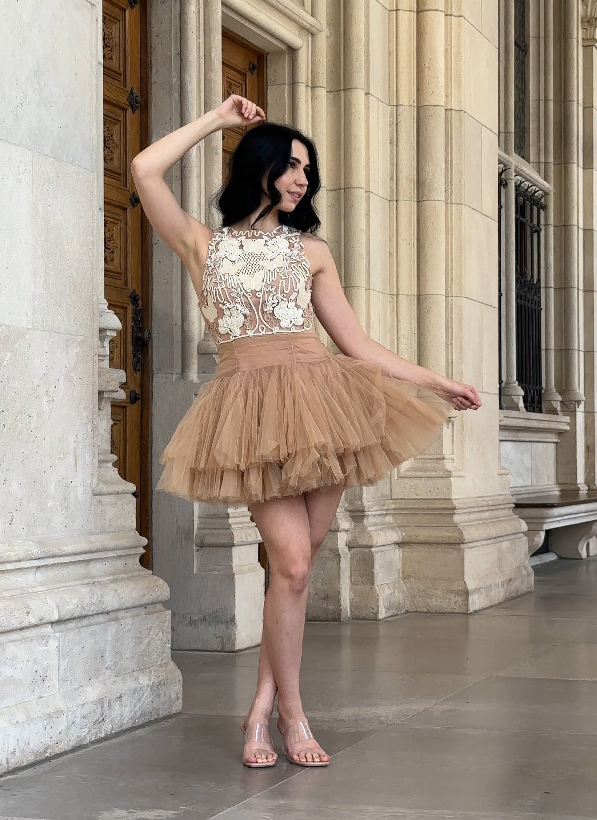 Ballerina | Beige Tulle Mini Dress With 3D Applique Flowering Girl