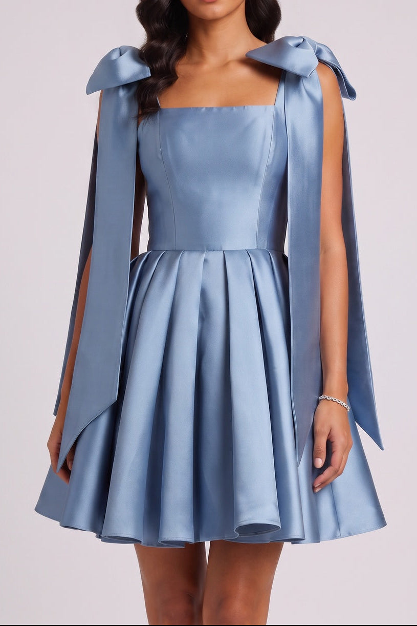 Square Neck Bow Strap Satin Mini Dress Flowering Girl