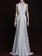 Fynderic Plunge Neck Lace Split Maxi Dress Flowering Girl