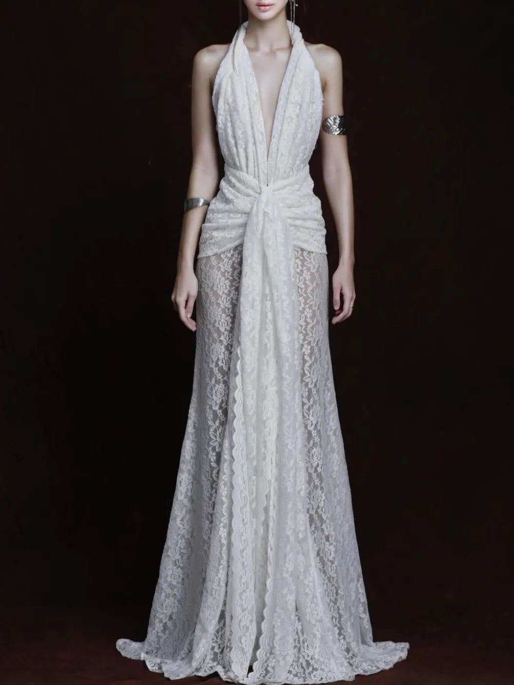 Fynderic Plunge Neck Lace Split Maxi Dress Flowering Girl