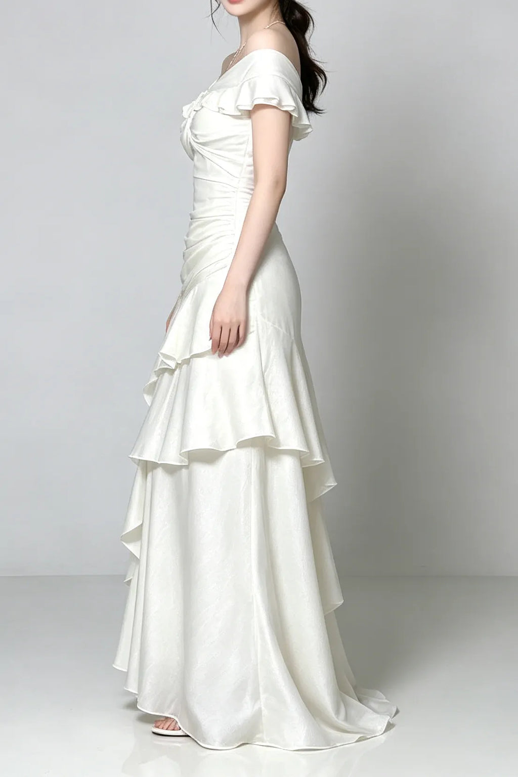 Off Shoulder Twist Ruched Tiered Ruffle Satin Maxi Dress Flowering Girl