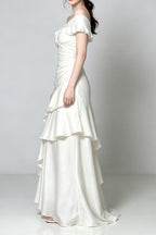 Off Shoulder Twist Ruched Tiered Ruffle Satin Maxi Dress Flowering Girl
