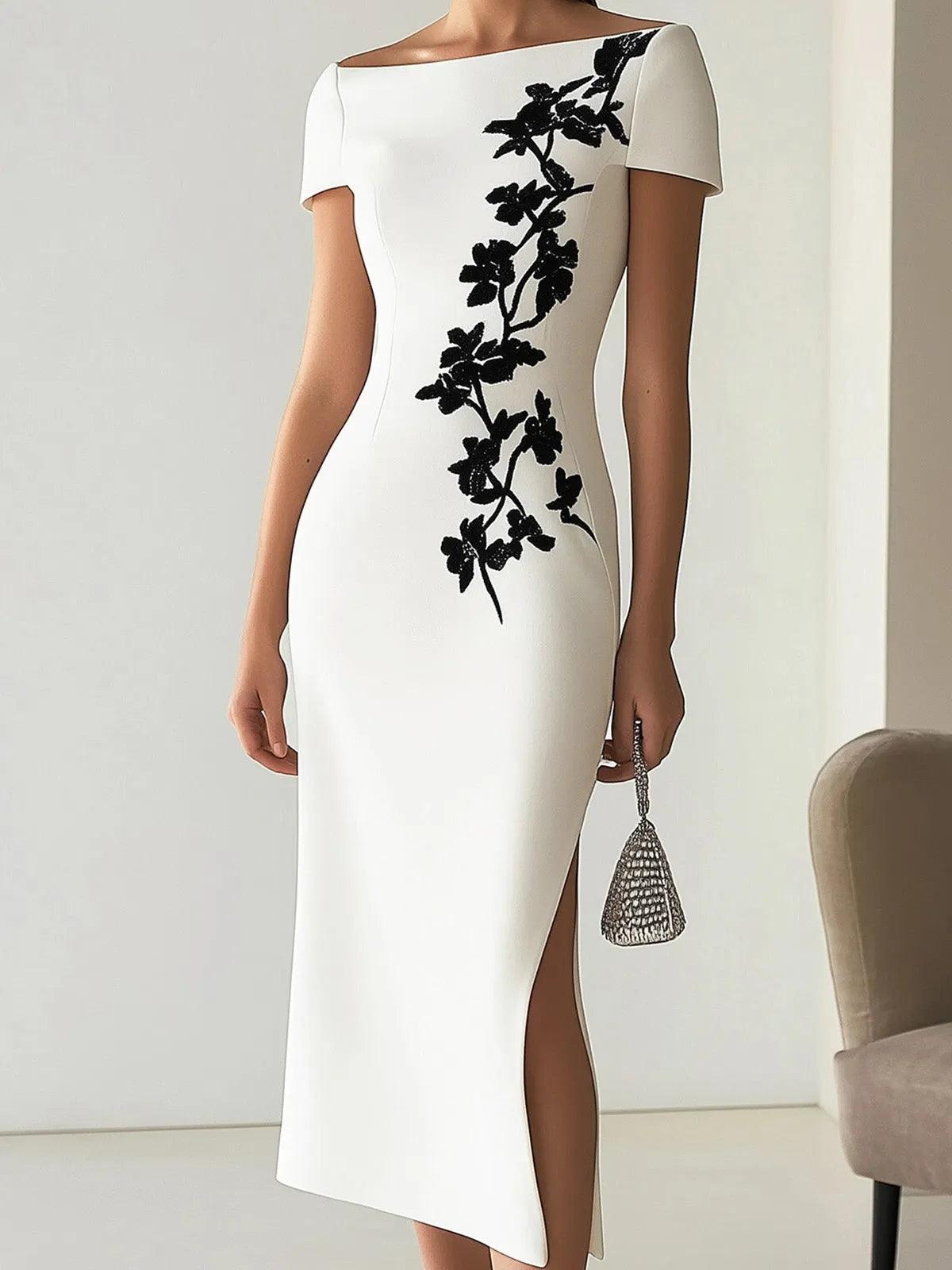 Chic Floral Print Boat Neck Midi Dress Flowering Girl