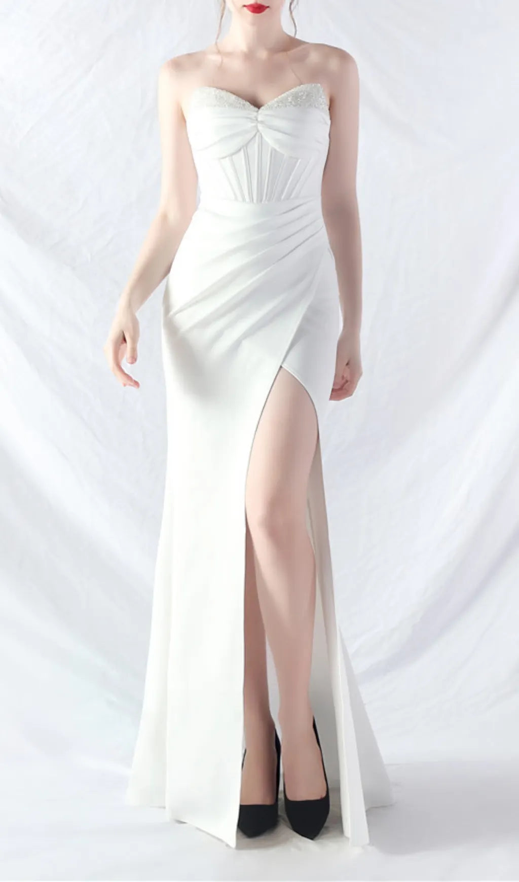 Chizue White Strapless Corset Split Maxi Dress Flowering Girl