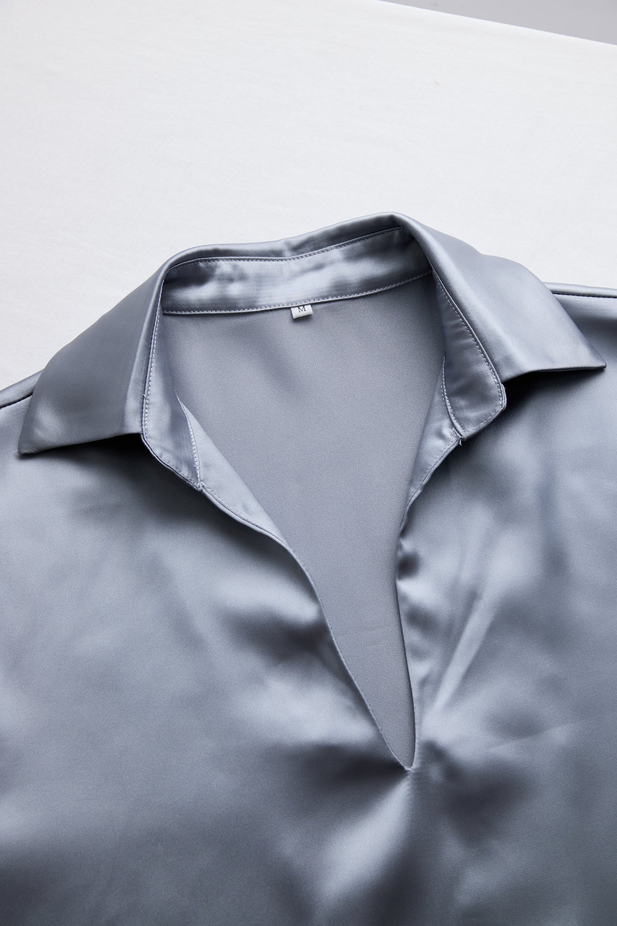 Silver Satin Blouse With Plunging V-Neck Flowering Girl