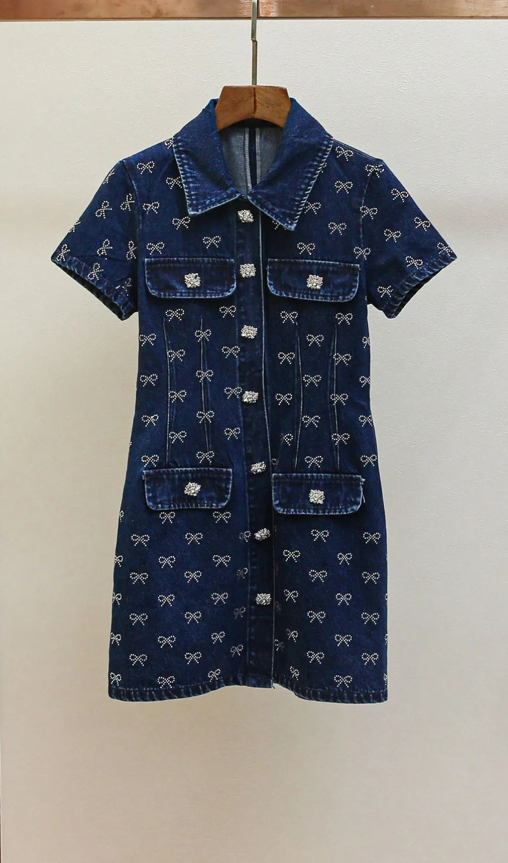 Denim Diamante Bow Collared Mini Dress Flowering Girl