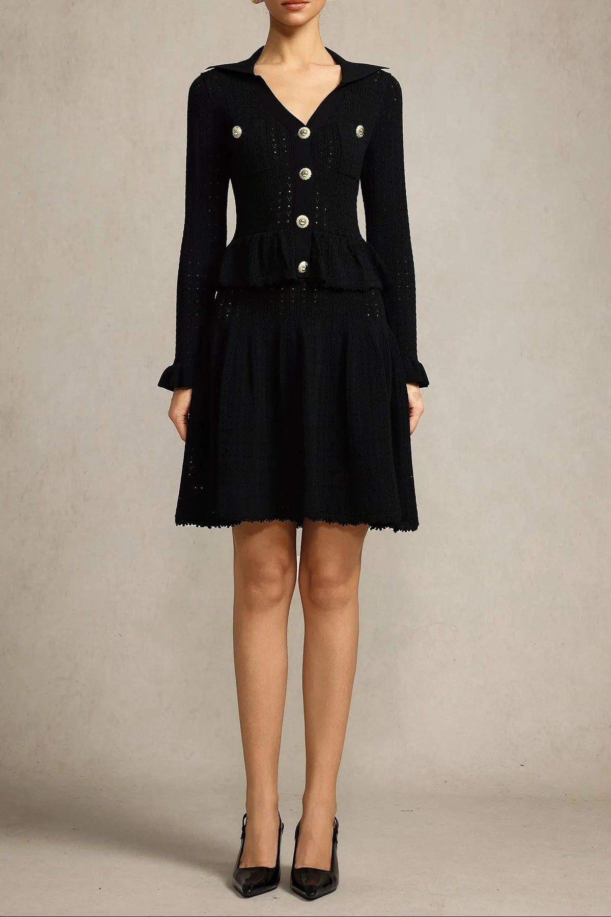 Leaf-Edge Paneled V-Neck Knitted Mini Dress In Black Flowering Girl