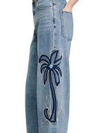 Palm Embroidered Wide Leg Barrel Jeans in Blue Jean Flowering Girl