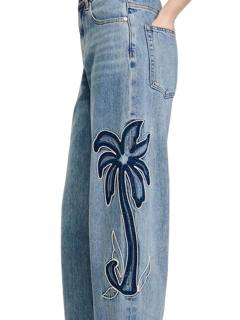 Palm Embroidered Wide Leg Barrel Jeans in Blue Jean Flowering Girl