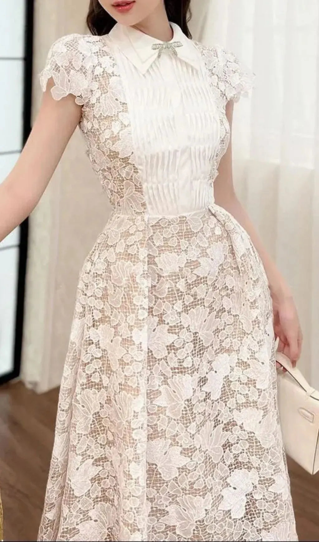 Leila White 3D Flower Embroidery Bow Lace Midi Dress Flowering Girl