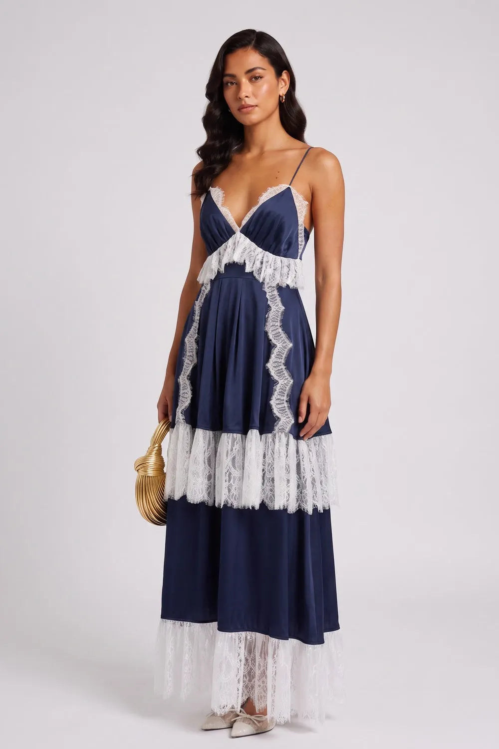 Navy Spaghetti Strap V-Neck Tiered Lace Fringe Maxi Dress Flowering Girl