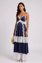 Navy Spaghetti Strap V-Neck Tiered Lace Fringe Maxi Dress Flowering Girl