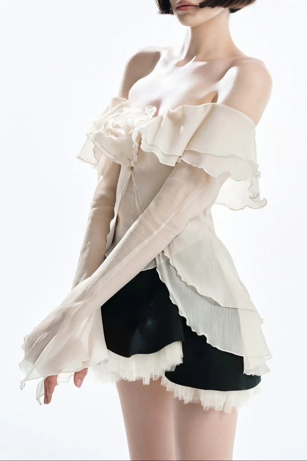 Apricot One-Shoulder Tube Top With Backless Ruffled Mesh Skirt Set Flowering Girl