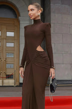 Jacqueline Turtleneck Long Sleeve Cutout Bodycon Gown In Brown Flowering Girl